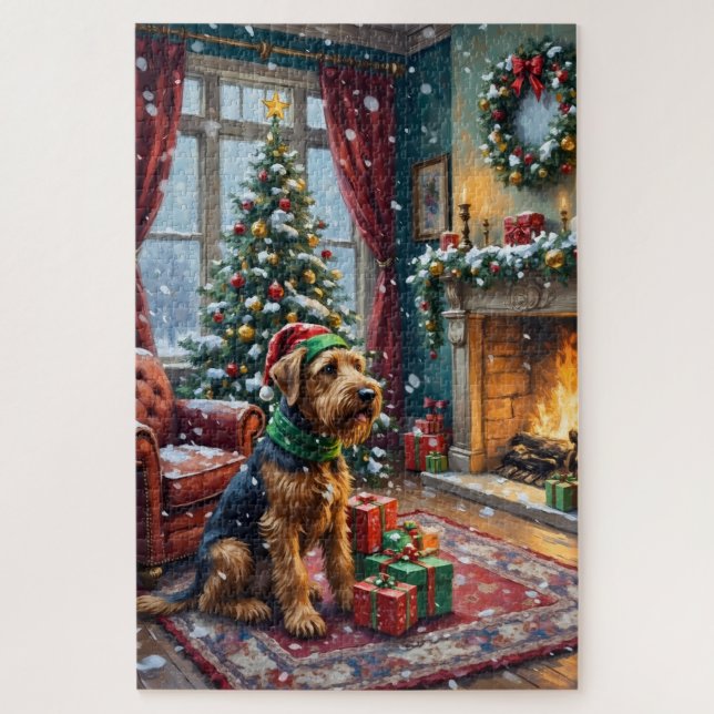 Puzzle Airedale Terrier Christmas Victorian Living Room (Vertical)