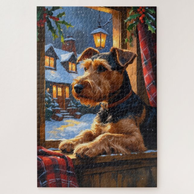 Puzzle Airedale Terrier con Luces de Navidad Fiesta  (Vertical)