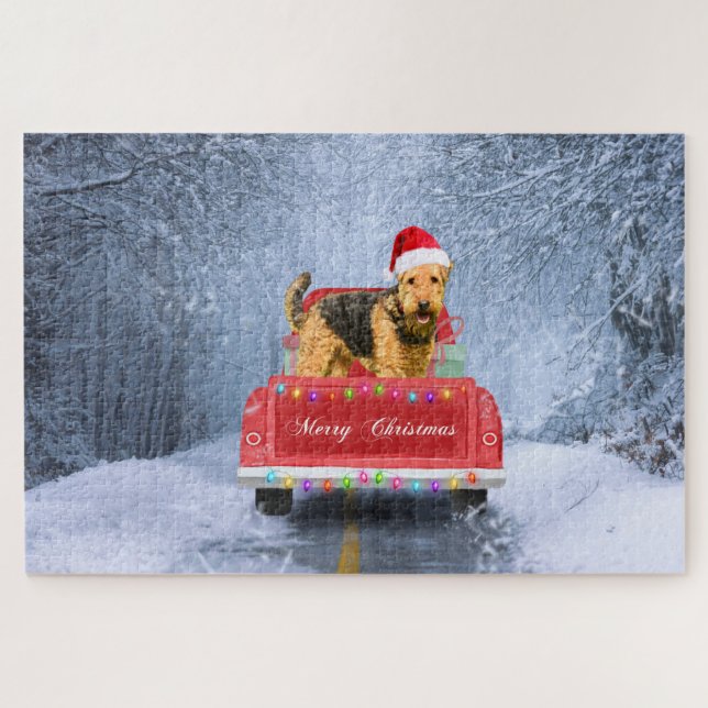 Puzzle Airedale Terrier Dog en Nieve sentado en Navidades (Horizontal)