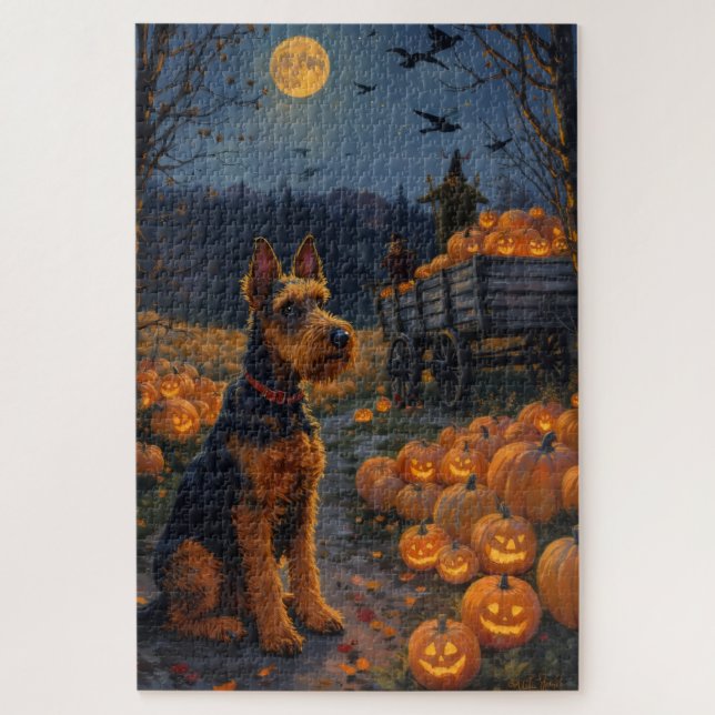 Puzzle Airedale Terrier Parche de Calabaza de Halloween R (Vertical)