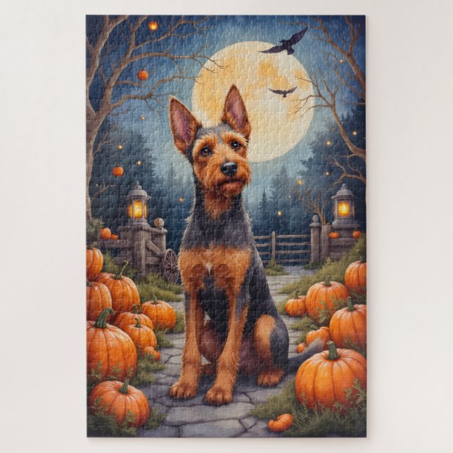 Puzzle Airedale Terrier Rústico Parche de Calabaza de Hal (Vertical)