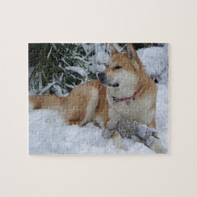 Puzzle Ajita japonesa roja cortada en la nieve con ratón  (Horizontal)