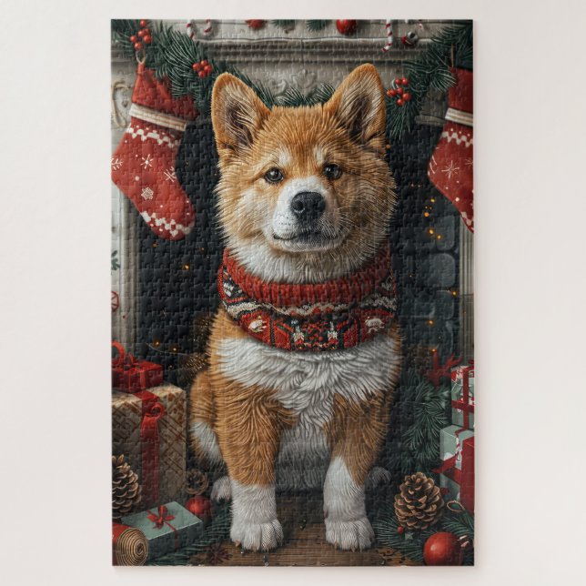 Puzzle Akita Americana Con Chimenea De Regalos De Navidad (Vertical)