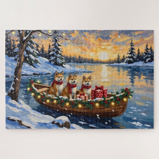 Puzzle Akita Christmas Boat Holiday (Horizontal)