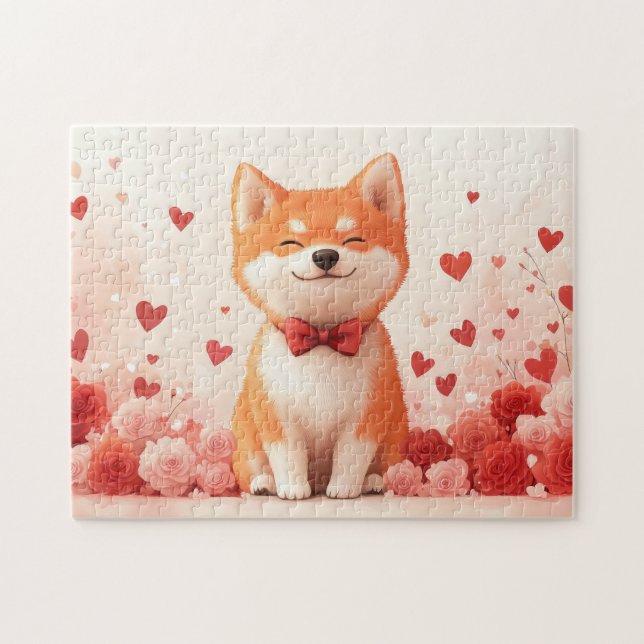Puzzle Akita con Rosas - Día de San Valentín  (Horizontal)