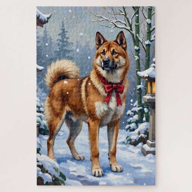 Puzzle Akita Dog Serene Japanese Winter Christmas (Vertical)