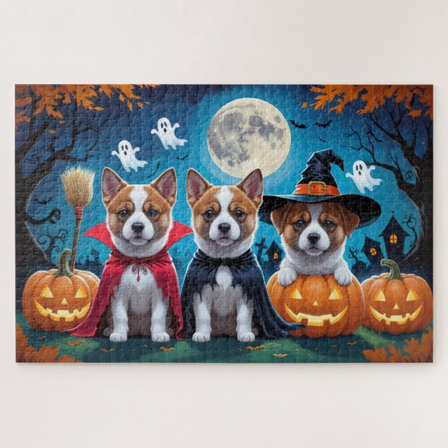 Puzzle Akita Dogs Pumpkin Halloween Funny (Horizontal)