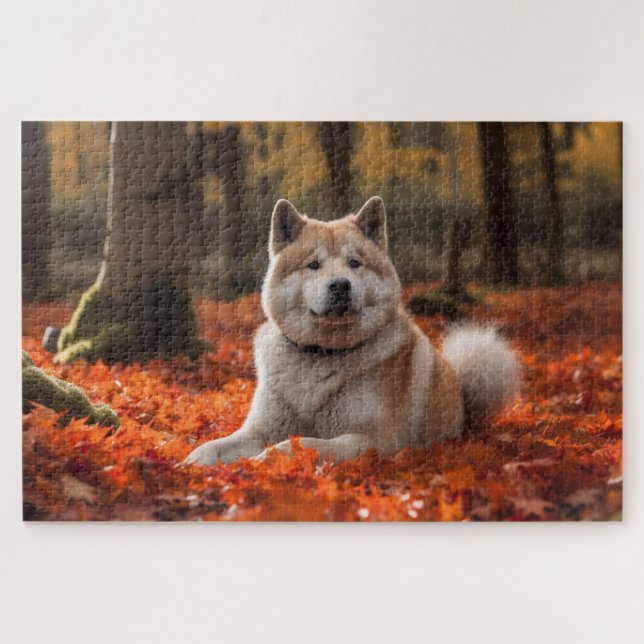 Puzzle Akita en Hojas de Otoño Caídas Inspirado (Horizontal)