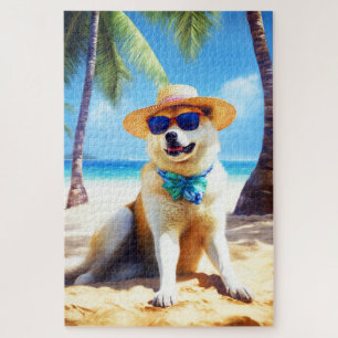 Puzzle Akita en la playa, regalo de verano para amantes d