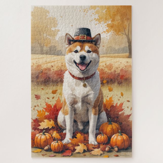 Puzzle Akita en otoño deja arte de Acción de Gracias (Vertical)