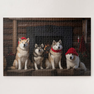 Puzzle Akita junto a la chimenea Navidad