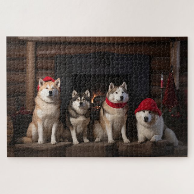 Puzzle Akita junto a la chimenea Navidad (Horizontal)