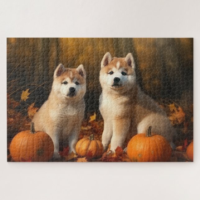 Puzzle Akita Puppy Calabaza deslumbrante de otoño (Horizontal)