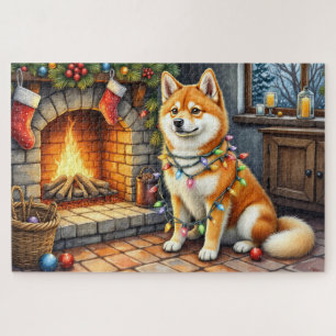 Puzzle Akita sentado junto a la chimenea con luces de Nav