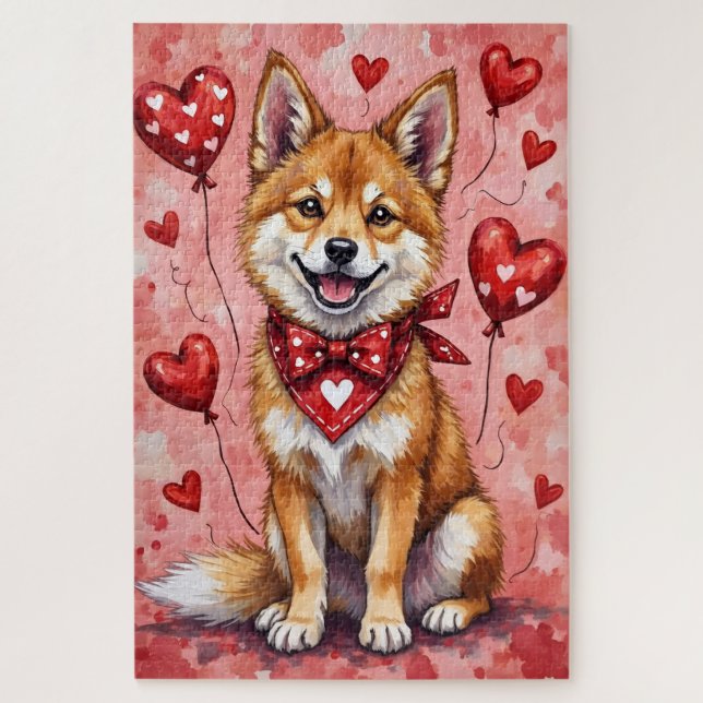 Puzzle Akita Valentine Dog Art with Hearts and Balloons (Vertical)