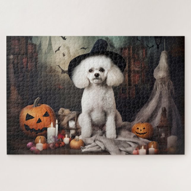 Puzzle Alarma de Halloween de Bichon Frise Pumpkins (Horizontal)