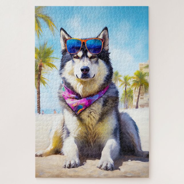 Puzzle Alaska Malamute en la playa, regalo de verano (Vertical)