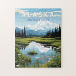 Puzzle Alaska Viajes de arte Vintage<br><div class="desc">Diseño de viaje vector retro de Alaska. Este arte de viajes de estilo retro,  con su mezcla de colores audaces y encanto vintage,  está diseñado para inspirar un sentido de aventura.</div>