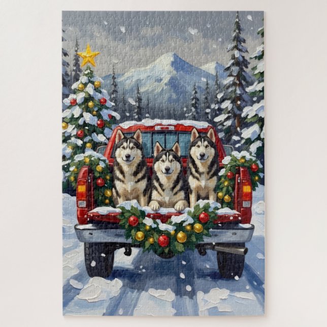 Puzzle Alaskan Malamute Christmas Red Truck Holiday (Vertical)