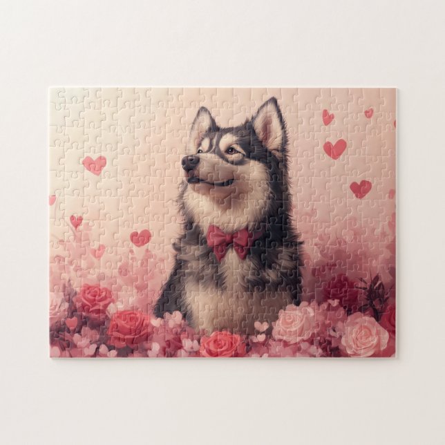 Puzzle Alaskan Malamute con Rosas - Día de San Valentín  (Horizontal)