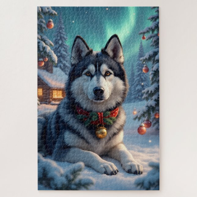 Puzzle Alaskan Malamute Luces del Norte Navidad  (Vertical)