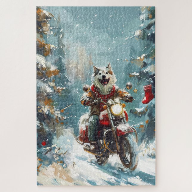 Puzzle Alaskan Malamute Perro Montando Motocicleta Navida (Vertical)