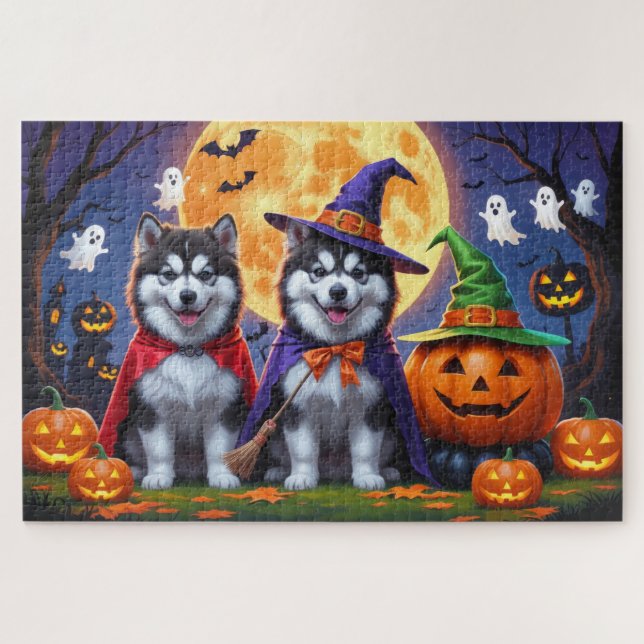 Puzzle Alaskan Malamute Perros Calabaza Halloween Funny (Horizontal)
