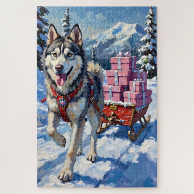 Puzzle Alaskan Malamute Valentine's Day Sled Delivery (Vertical)