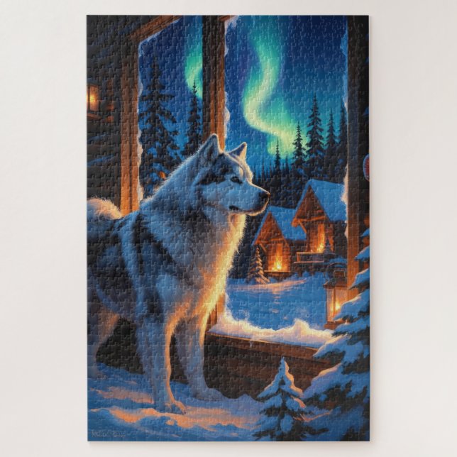 Puzzle Alaskan Malamute With Christmas Lights Holiday  (Vertical)