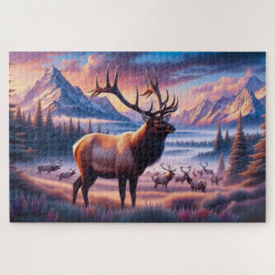 Puzzle Alce al amanecer, montañas, vida silvestre