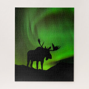 Puzzle Alce con Aurora Boreal Verde, Alaska