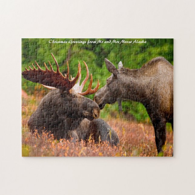 Puzzle Alce toro y vaca Alaska. Felicitaciones de Navidad (Horizontal)