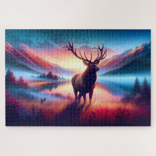 Puzzle Alces al amanecer, montañas, vida salvaje