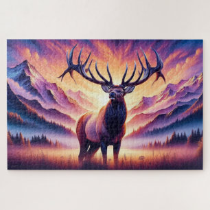 Puzzle Alces al amanecer, montañas, vida silvestre