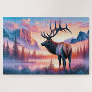 Puzzle Alces al amanecer, montañas, vida silvestre