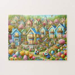 Puzzle Aldea del conejo de Pascua, cabañas pintadas con p