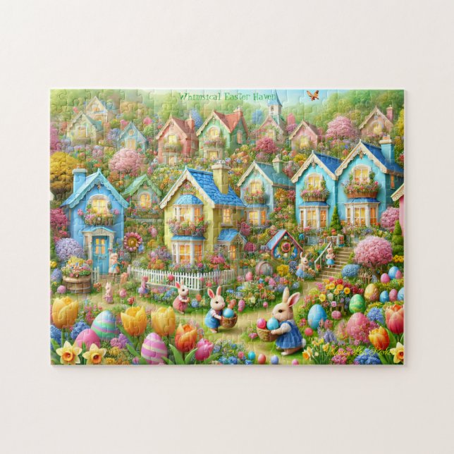 Puzzle Aldea del conejo de Pascua, cabañas pintadas con p (Horizontal)
