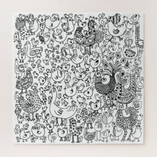 Puzzle Alegre patrón caprichoso de pájaros en blanco y ne