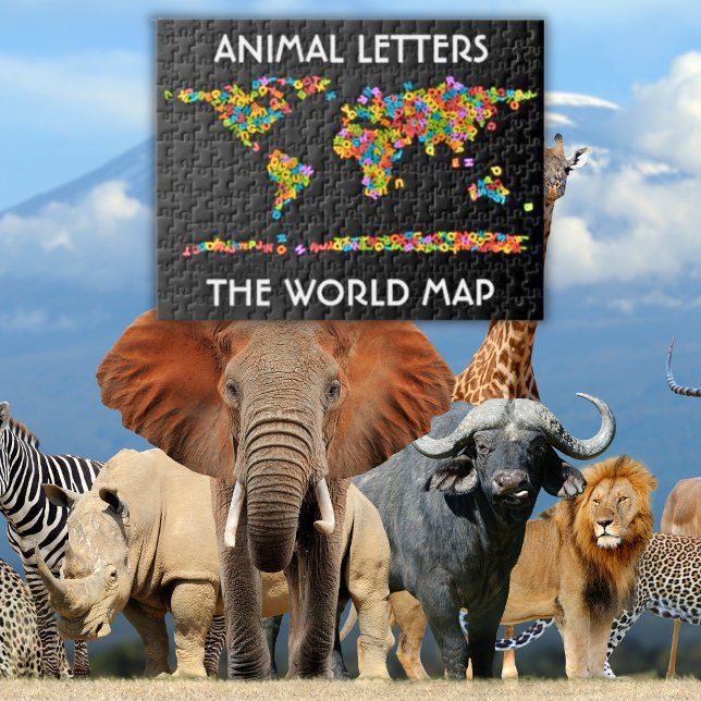 Puzzle Alfabeto del mapa mundial de letras de animales (Animal Letters World Map School Kids Zigsaw Puzzle)
