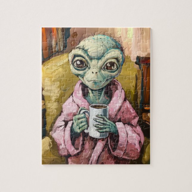 Puzzle Alien en una toalla rosada con café (Vertical)