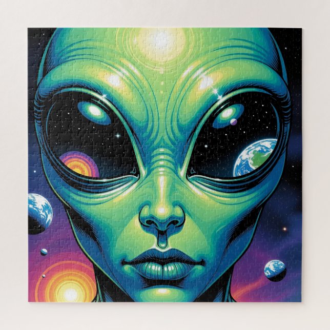 Puzzle Alien Face con planetas reflexiones en los ojos (Vertical)