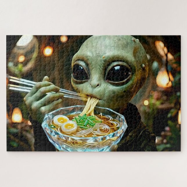 Puzzle Alienígena divertido comendo fideos Ramen monogram (Horizontal)