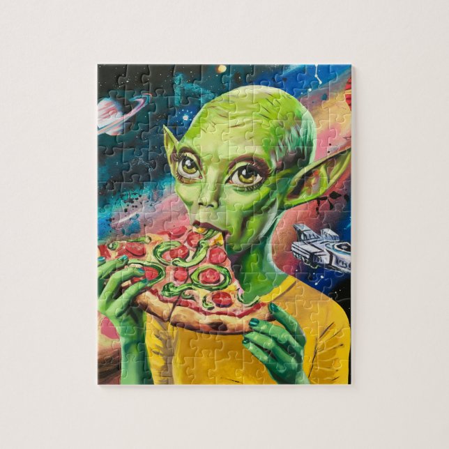 Puzzle Alienígena gracioso en Pizza espacial comiendo (Vertical)