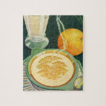Puzzle Alimentos para la salud vintage, bebidas, desayuno<br><div class="desc">Ilustracion vintage imagen de alimentos y bebidas con un desayuno saludable de avena caliente,  vaso de leche y fruta naranja.</div>