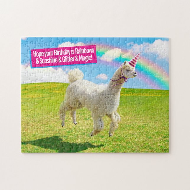 Puzzle Alpaca Unicornio bajo el cielo arcoiris (Horizontal)