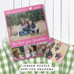 Puzzle Ama a tu abuela 4 Collage de fotos familiar rosado<br><div class="desc">El rompecabezas del collage de fotos de los personalizados para personalizar con 4 fotografías.Personalice con el nombre de la familia y el año.La cita de "Te amamos abuela" agrega un toque único al rompecabezas de las fotos y hace un regalo especial para las abuelas.</div>
