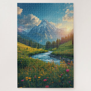 Puzzle Amanecer del río alpino: paisaje montañoso sereno