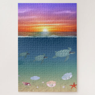Puzzle Amanecer en el océano, tortugas, estrellas, concha