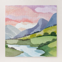 Amanecer en la ladera de la montaña verde | Acuare