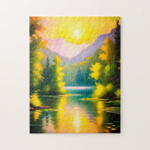 Puzzle Amanecer sobre montañas cubiertas de nieve y lago